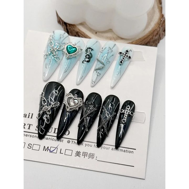 Y2K Handmade Nail Blue Black Love Chain Nail Elements Cool Droplet Type Wear Nail Art Dazzling Nails Patch Girl Gift