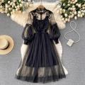Dress Long Dresses Women Floral Maxi Lantern Sleeve Stand Collar Elegant High Waist Slim Fit Party A Line Vestidos Summer.