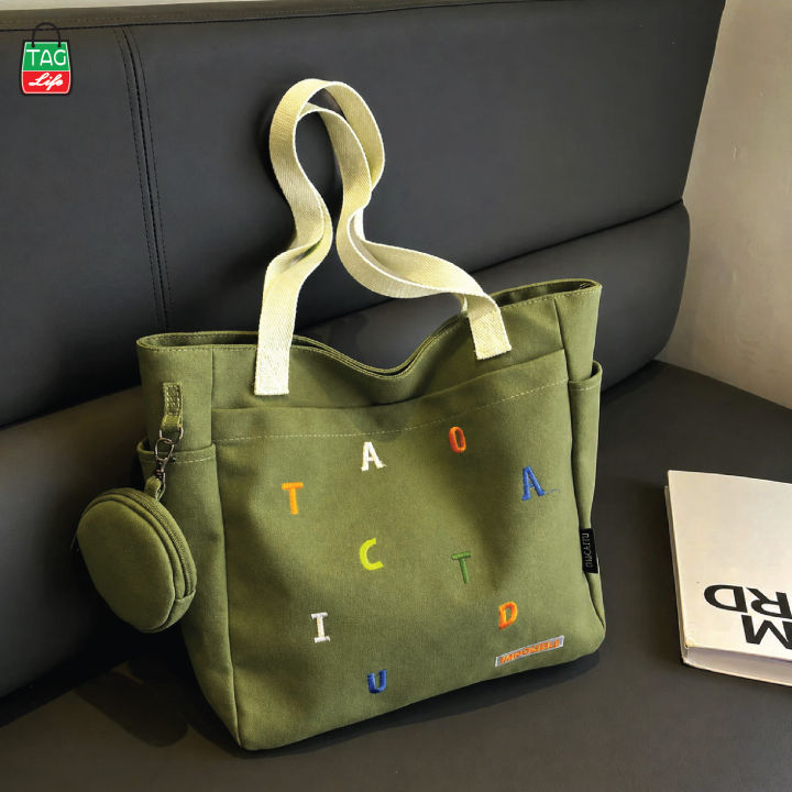 TAG Lifestyle Exclusive Design embroidery Canvas Tote Bag, Fashionable Top Handle With four Outside Pockets Trendy Fashionable Tote Bag for University, College Students Girls And Women