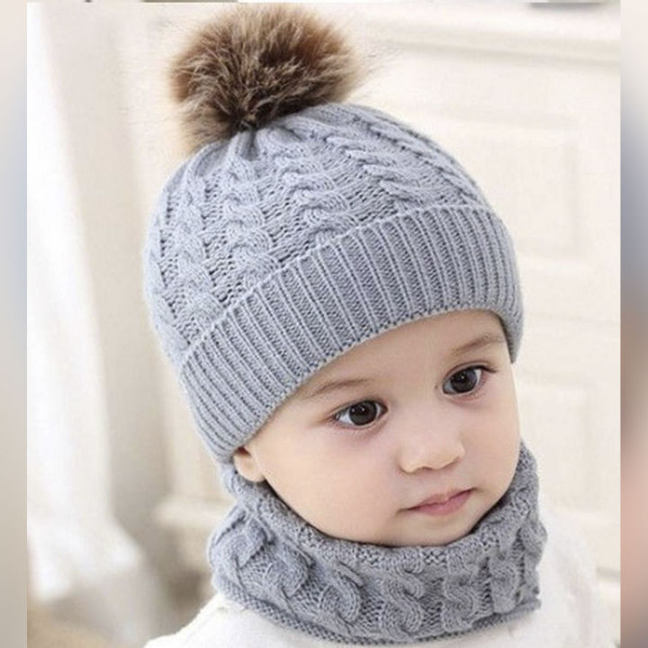 2Pcs Girls Boys Cap+Scarf Set Toddler Baby Winter Warm Fur Ball
