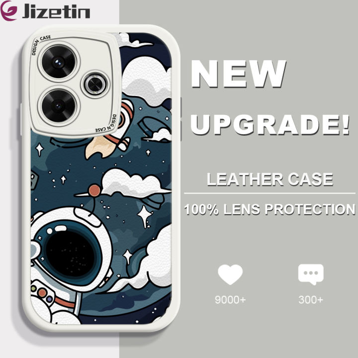 Jizetin for Redmi 13 Xiaomi Poco M6 4G Back Cover Cloud Astronaut Lambskin Texture PU Leather Back For Girls Boys Soft Phone Case