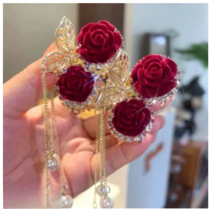 Hair Claw Exquisite Pearl Tassel Hair Accessories Red Velvet Flocked Rose Flower Retro Hairpin Women Popular Ponytail Holder