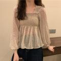 READY STOCK Korean Fashion Women Square Neck Chiffon Floral Blouse Plicated Short Style Long Sleeve Top. 
