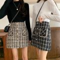 Vintage Plaid Tweed Skirts Thicken Women 2022 Winter Elegant Single-Breasted Short Mini Skirt High Waist Female A-line Skirt. 
