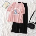 Single Piece / Suit T T-shirt Women's Summer Korean Style ins Cartoon Small Printed Loose Wide-Leg Pants Short-Sleeved Shirt Fashion.