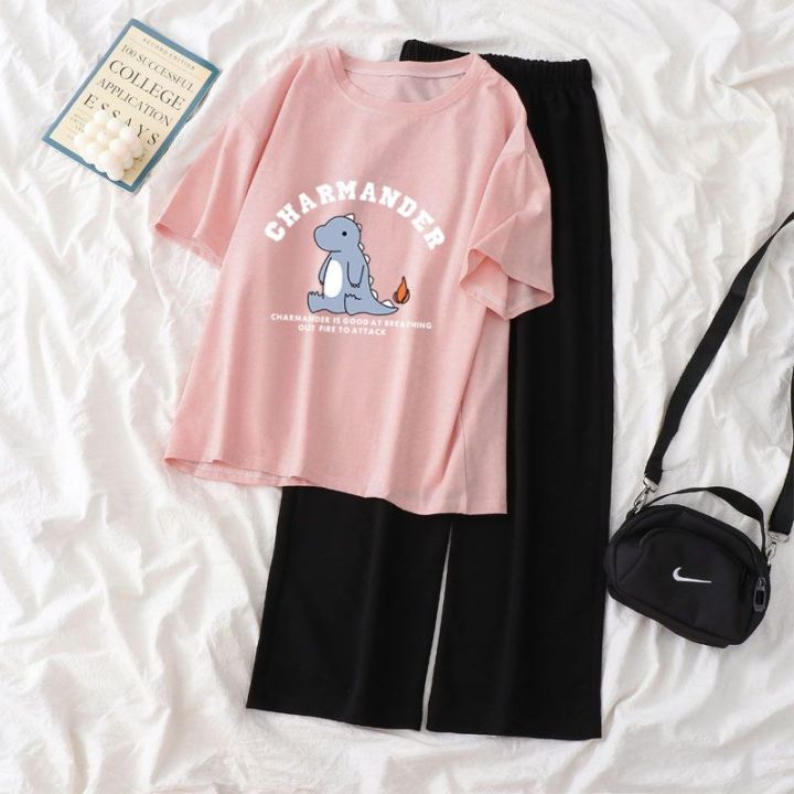 Single%20Piece%20/%20Suit%20T%20T-shirt%20Women's%20Summer%20Korean%20Style%20ins%20Cartoon%20Small%20Printed%20Loose%20Wide-Leg%20Pants%20Short-Sleeved%20Shirt%20Fashion%20-%20Image%208