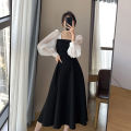 【Limited stock】 Long-sleeved Black Fried Street Hao Benfeng dress Women's New Spring and Autumn Stitching Square Collar French Skirt Vintage A- line Skirt（45kg-50kg）. 