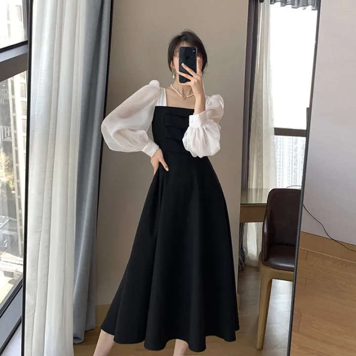 %E3%80%90Limited%20stock%E3%80%91%20Long-sleeved%20Black%20Fried%20Street%20Hao%20Benfeng%20dress%20Women's%20New%20Spring%20and%20Autumn%20Stitching%20Square%20Collar%20French%20Skirt%20Vintage%20A-%20line%20Skirt%EF%BC%8845kg-50kg%EF%BC%89%20-%20Image%202