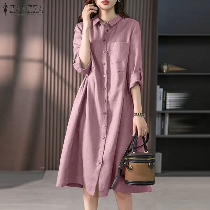 Women%20Causal%20Shirt%20Dress%20Women%20Long%20Sleeve%20Solid%20Dresses%20ZANZEA%20Fashion%20Lapel%20Neck%20Midi%20Vestidos%20Holiday%20Sundress%20Oversize%20-%20Image%202