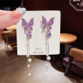 1 Pair Trendy Korean Purple Crystal Butterfly Drop Earring for Women Girls Fashion Tassel Chain Rhinestone Earring Party Wedding Jewelry Gift. 