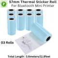 3 Rolls, Size: 57mm X 30mm, Self-Adhesive Inkless Waterproof Blue Color Thermal Sticker Paper Roll  - Perfect For Mini Printer, Portable Printer, Printer Mini, Label Printer, Model C9, PT 210, 230,X5, X6,C22 Etc.. 