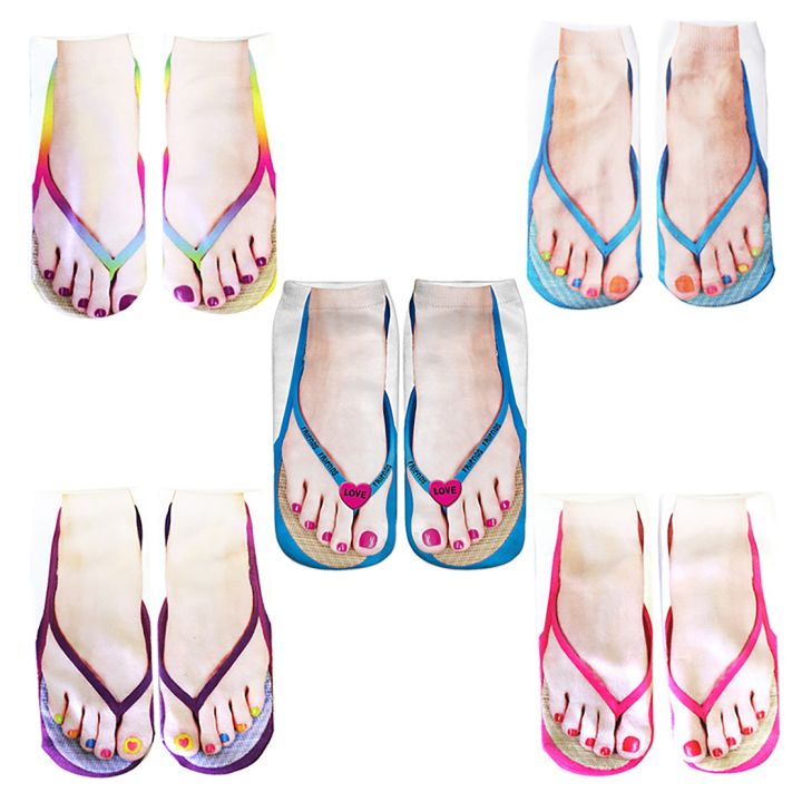 5 Pair Flip Flop Socks 3D Pattern Manicure Print Running Socks Women