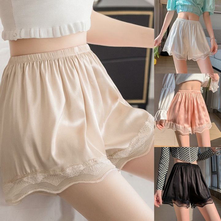 Women Safety Pants Ice Silk Boxer Shorts Ladies Lace Seamless Underwear Polyester Bloomers Shorts Anti-Emptied Pajama Pants