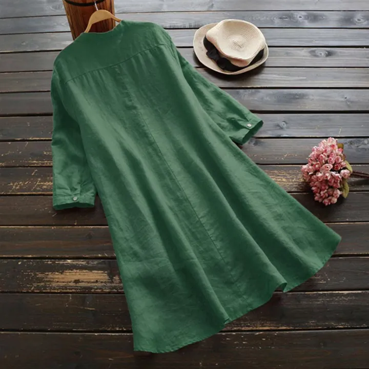 Women%20Casual%20Loose%20Linen%20Soild%20Button%20Long%20Sleeve%20Long%20Shirt%20Blouse%20Tops%20-%20Image%204