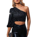 Women's Crop Tops, Sequin Single Shoulder 3/4 Sleeve Female Tops for Party Dating. 
