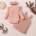 Baby Girl Three Piece Suit Fashion Pitted Long Sleeve Romper and Pocket Suspender Skirt & Headband. 