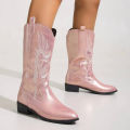 Western Cowboy Boots 2024 Winter Fashion Mid-calf Women's Boots Retro Pointed Toe Slip-on Mid Heel Pink Boots Shoes for Women. 