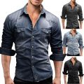 Men's Slim Fit Casual Long Sleeve Shirt Fashion Motorcycle Long Sleeve Coat European and American Vintage Denim Shirt. 