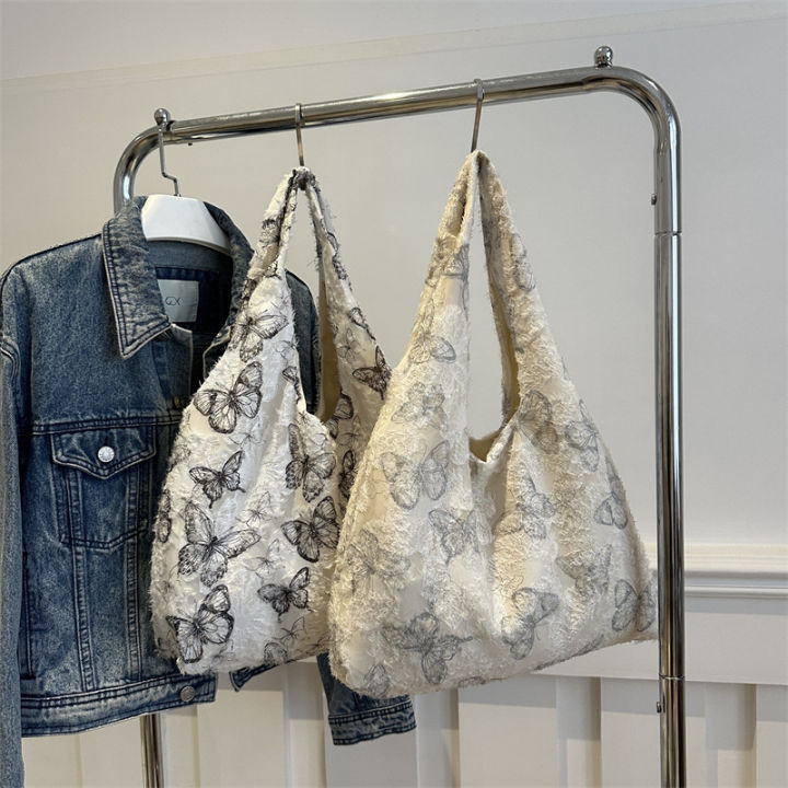 Lace Black Butterfly Tote Bag 2024 New Trendy Korean Version Literary Canvas Bag Large Capacity Student Class Bag Girl