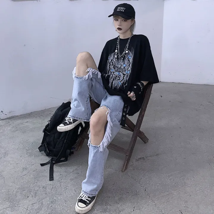 Summer%20New%20Korean-StyleinsWater%20Washed%20Hole%20Wide%20Leg%20Pants%20High%20Waist%20Slimming%20Jeans%20Women's%20Baggy%20Straight%20Trousers%20Tide%20-%20Image%203