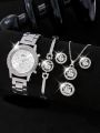 5 PCS Set Silver Luxury Watch Women Ring Necklace Earrings Rhinestone Fashion Wristwatch Female Casual Watches Bracelet Set. 