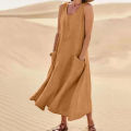 Women Sleeveless Sundress Elegant Round Neck Solid Long Tank Dress Vintage Pockets Beach vestidos.