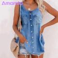 Amamia Denim Blouse Arc Hem Sleeveless Floral Print Denim Blouse.
