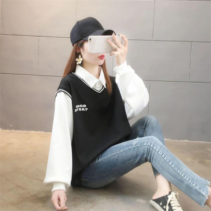 Shirt Collar False Two-Piece Sweaters Female Student Korean Style Loose-Fitting Autumn/Winter Wear Thin Fleece-Lined Thicken Lazy StyleinsTide
