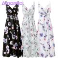 Amamia Party Dress Deep V Neck Floral Print Waist Tight Slit Hem Dress. 
