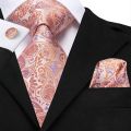 Hi-Tie 100% Silk Classic Men's Wedding Coral Pink Red Peach Tie Pocket Square Cufflinks Set Rose Ties for Men Solid Paisley Ties.