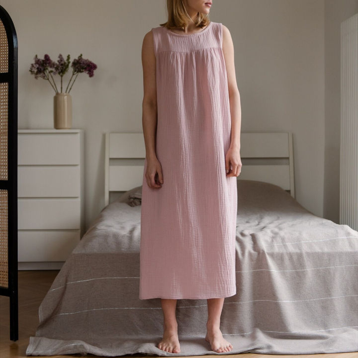 Women's%20Fashaionable%20Organic%20Cotton%20Dress%20Crepe%20Pink%20Sleeveless%20Extra%20Long%20Dress%20-%20Image%204