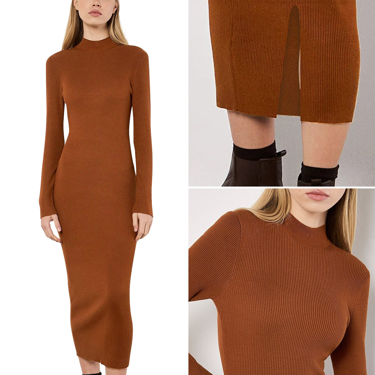 Womens Ribbed Knit Bodycon Long Sleeve Midi Dress with Mock Neck From Levin