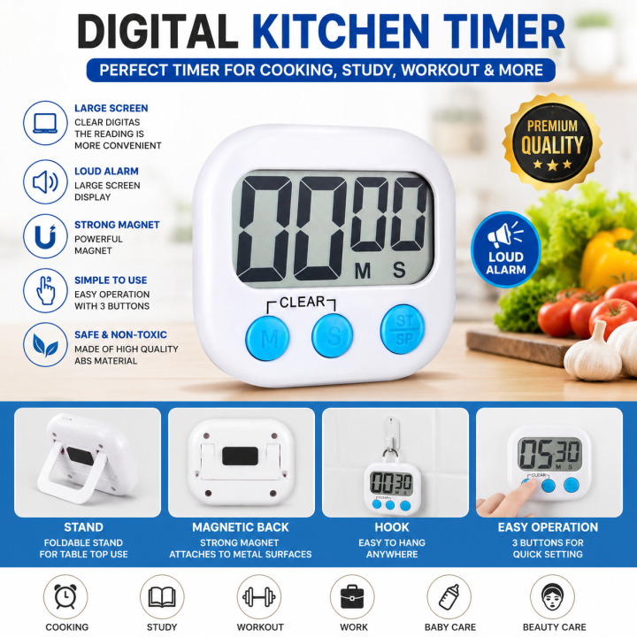 Digital Kitchen Timer with Alarm Kitchen Accessories – Large Display, Loud Beep, Magnetic Back, Stand & Hook – Countdown Timer for Cooking, Study, and Workou