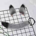 Fox Ears Tail Cosplay Props Set, Hair Clip Ears Adjustable Tail Size Imitation Fox Costumes for Carnival Costume Party Girls , Gray Black.