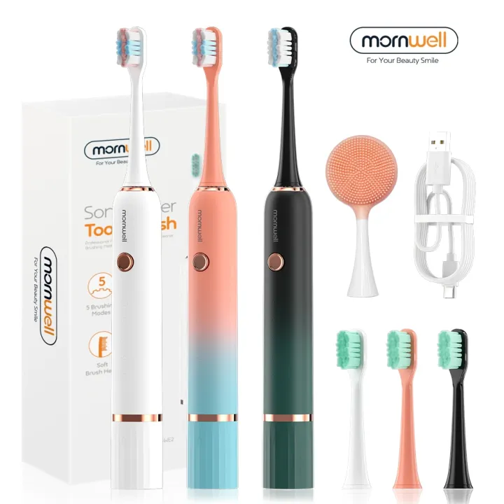 Mornwell Sonic Electric Toothbrush T33 Adult Timer Brush 5 Modes USB Charger Rechargeable Tooth Brushes Replacement Heads Set