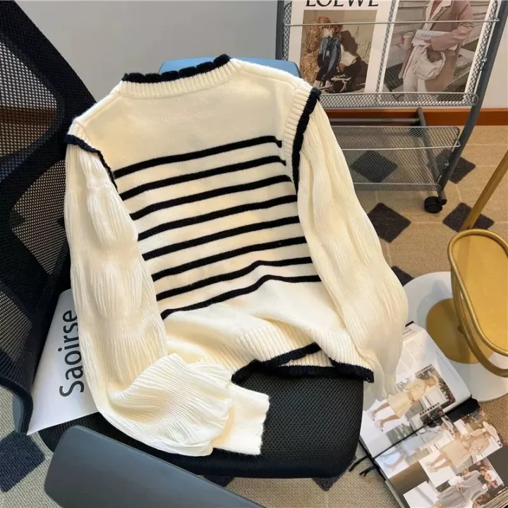 French%20Striped%20Sweater%20Women's%20Spring%20and%20Autumn%20Thin%20Design%20Puff%20Sleeve%20Patchwork%20Retro%20Fake%20Two-Piece%20Top%20-%20Image%203