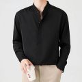 2023 New High Quality Korean Fashion Stand Collar Shirt Men Long Sleeve Solid Color Business Casual Loose Simple Shirts for Men.