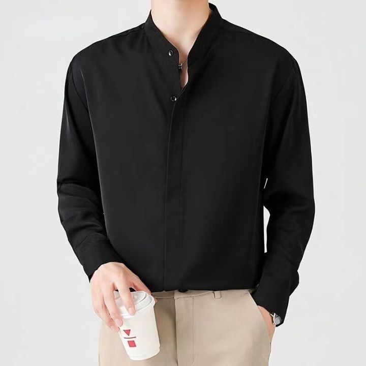 2023%20New%20High%20Quality%20Korean%20Fashion%20Stand%20Collar%20Shirt%20Men%20Long%20Sleeve%20Solid%20Color%20Business%20Casual%20Loose%20Simple%20Shirts%20for%20Men%20-%20Image%204