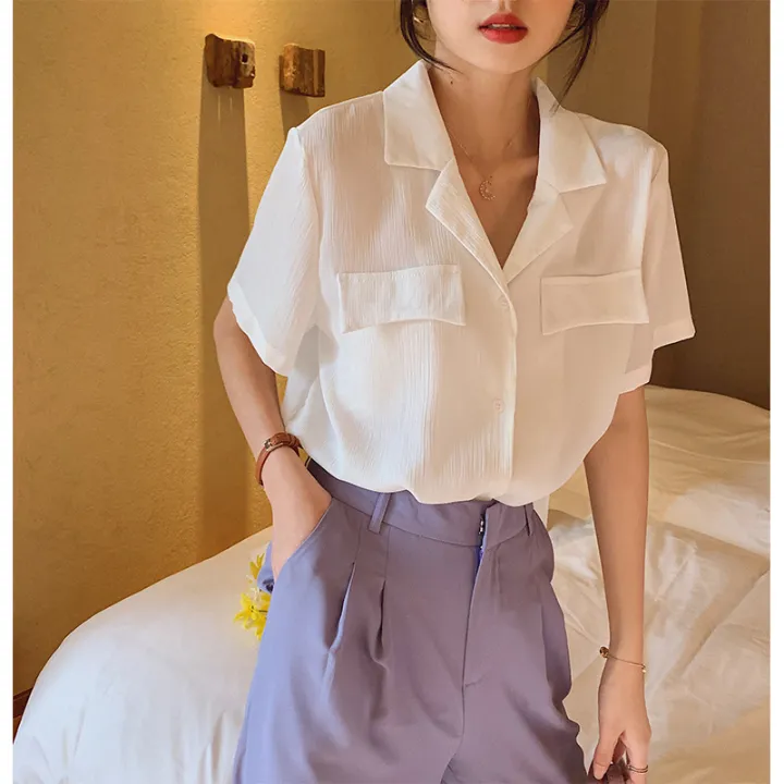 British%20Style%20Graceful%20and%20Fashionable%20Short-Sleeved%20Shirt%20Women's%20Summer%20New%20Design%20Sense%20Loose%20Suit%20Collar%20Korean%20Style%20Shirt%20Women's%20Clothing%20-%20Image%206