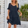 2024 Amazon's new women's cross-border European and American summer casual V-neck babydoll three-layer pleated dress. 
