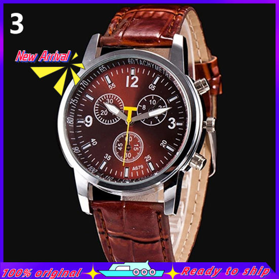 Men's fashion faux leather strap round dial analog casual wrist watch Xmas gift