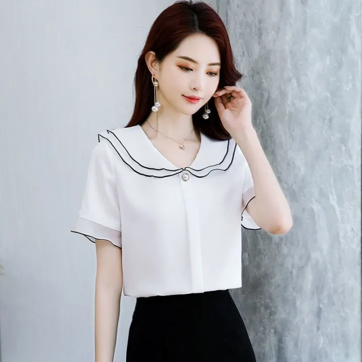Summer%20New%20Women's%20Chiffon%20Shirt%20Women's%20Short%20Sleeve%20Col%20Claudine%20Top%20Elegant%20Korean%20Style%20Loose%20Undershirt%20-%20Image%208