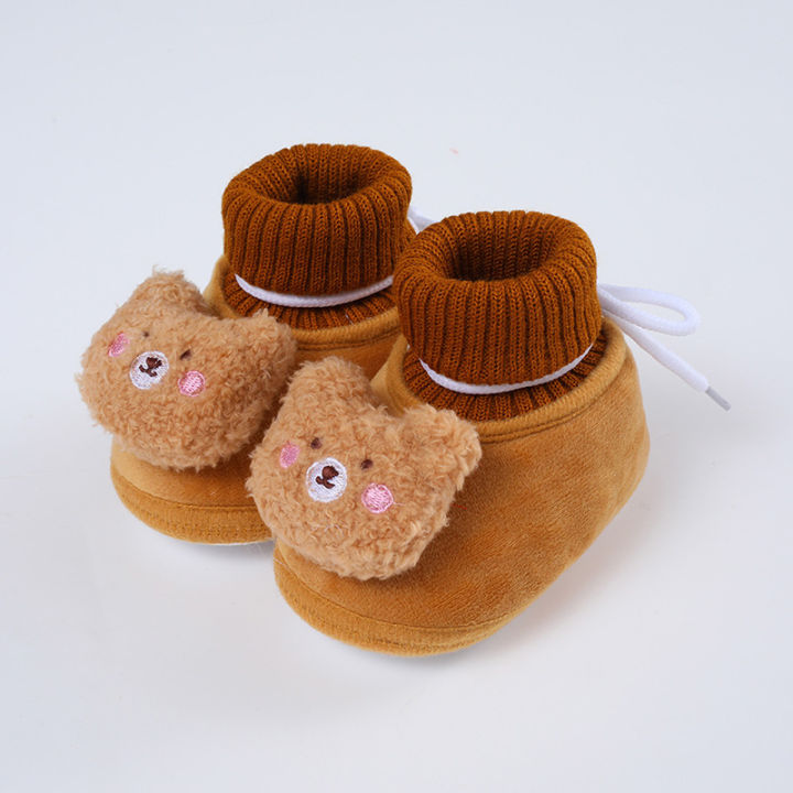 【Happy childhood memories】(New) cute bear baby shoes winter warm newborn flats boy girl soft sole velvet shoes cartoon animal elastic toddler shoes