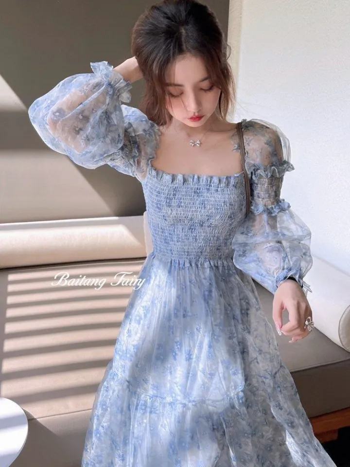 Summer Lace Elegant Midi Dress Women Puff Sleeve Square Collar