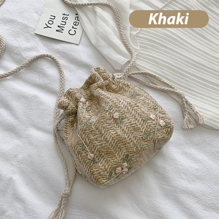 Cute Knitted Handbag Mini Purses Straw Women Lace Bucket Shoulder Bags Floral