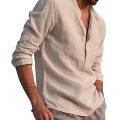 2021 Men Casual Shirts Solid Color V Neck Long Sleeve Shirt Simple Button Pocket Top Cotton Linen Skin-friendly Daily Wear Shirt.