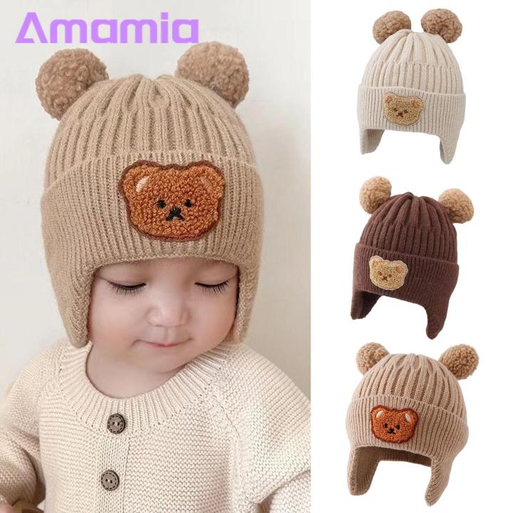Cozy Baby Hat Adorable Cartoon Bear Winter Hat with Ear Protection Soft Warm Unisex Baby Beanie for Cold Weather Elastic Knitted Design Perfect for Southeast Asian Buyers Children Hat