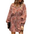 Autumn Floral Elegant Women Dress Long Sleeve Casual Beach Boho Loose Lace Up Sexy Dresses Woman Orange XL. 