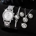 5 PCS Set Silver Luxury Watch Women Ring Necklace Earrings Rhinestone Fashion Wristwatch Female Casual Watches Bracelet Set. 