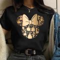 Disney Gold Micky Head Women's Casual 100% Cotton T-shirt Mickey Mouse High-Quality Print Fashion Top Cartoon.